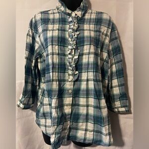 Lands End Plaid Button-Up Shirt with Ruffle Detail (XL)